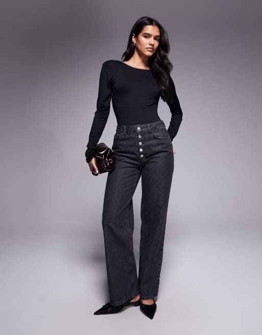 ASOS DESIGN - Body van glad polyamide met open achterkant en lange mouwen in zwart, 2 van 4