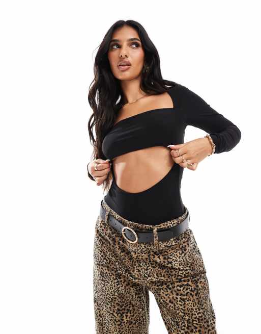 ASOS DESIGN - Body van gladde stof met lange mouwen en uitsnijding in zwart