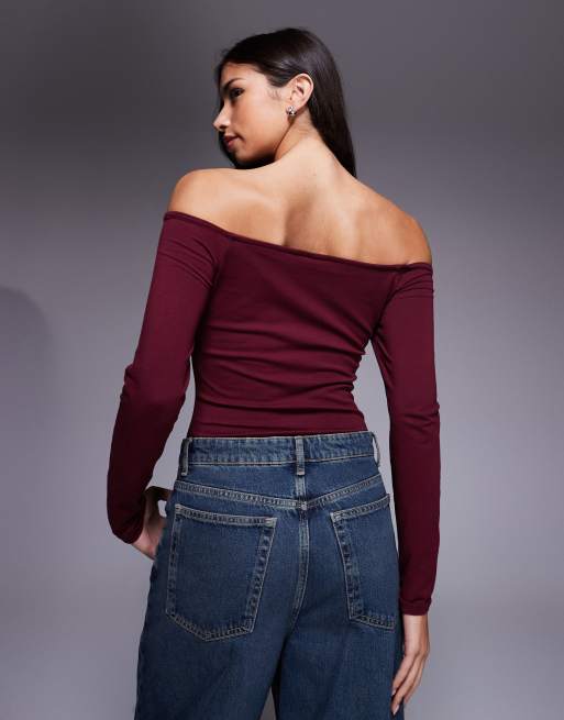 ASOS DESIGN - Body van katoen met blote schouders in bordeauxrood, 4 van 4