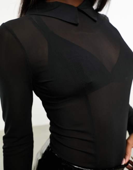 ASOS DESIGN - Body van mesh met kraagje en manchetten in zwart, 3 van 4