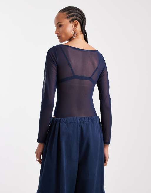 ASOS DESIGN - Body van mesh met super lage ronde hals in marineblauw, 2 van 4