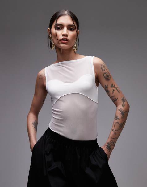 ASOS DESIGN mesh panel fabric mix body in ecru