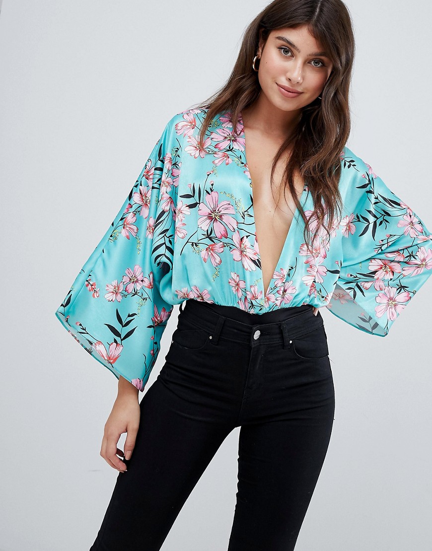 ASOS DESIGN body with plunge and full sleeve detail in floral print-Multi