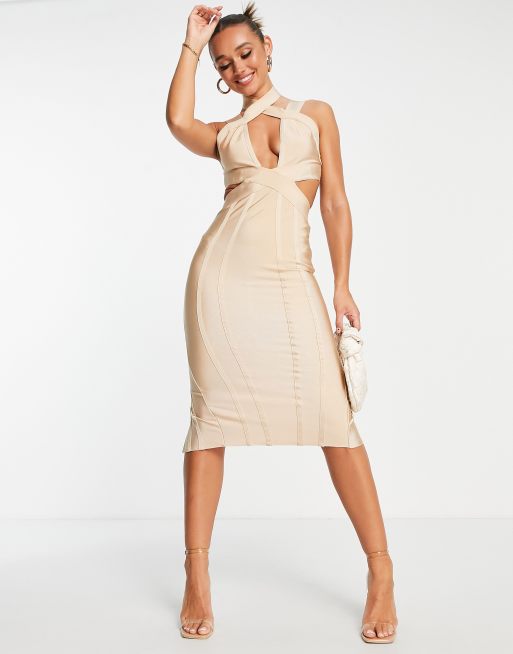 ASOS DESIGN bodycon bandage midi dress with cut-out in blush