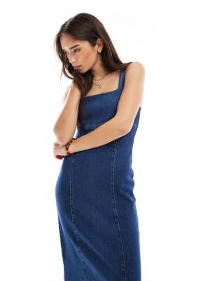 ASOS DESIGN BODYCON DENIM MIDI DRESS WITH SQUARE NECK 