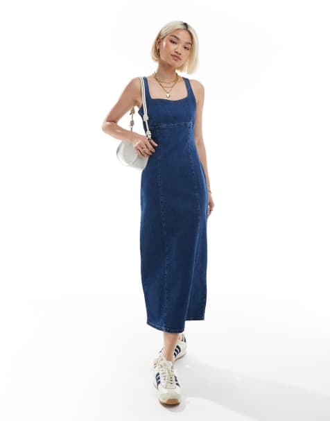 ASOS DESIGN - Bodycon denim midi-jurk met vierkante hals in indigo - view 1