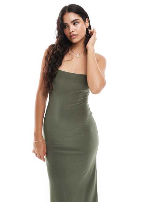 ASOS DESIGN bodycon midi dress with halter strap in khaki | ASOS