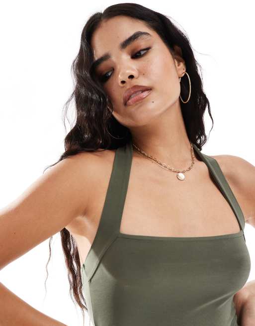 ASOS DESIGN bodycon midi dress with halter strap in khaki | ASOS