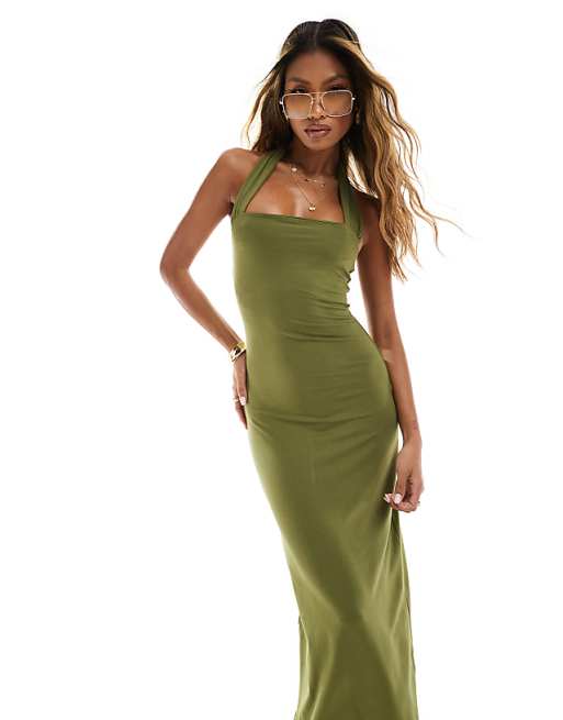 midi dress olive One Shoulder Cut Out Olive / Medium The Lulus Distinctive Charm Olive Green Satin Asymmetrical Midi Dress is ready to party with the best (and most stylish) of them Leaf Print Tie Strap Midi