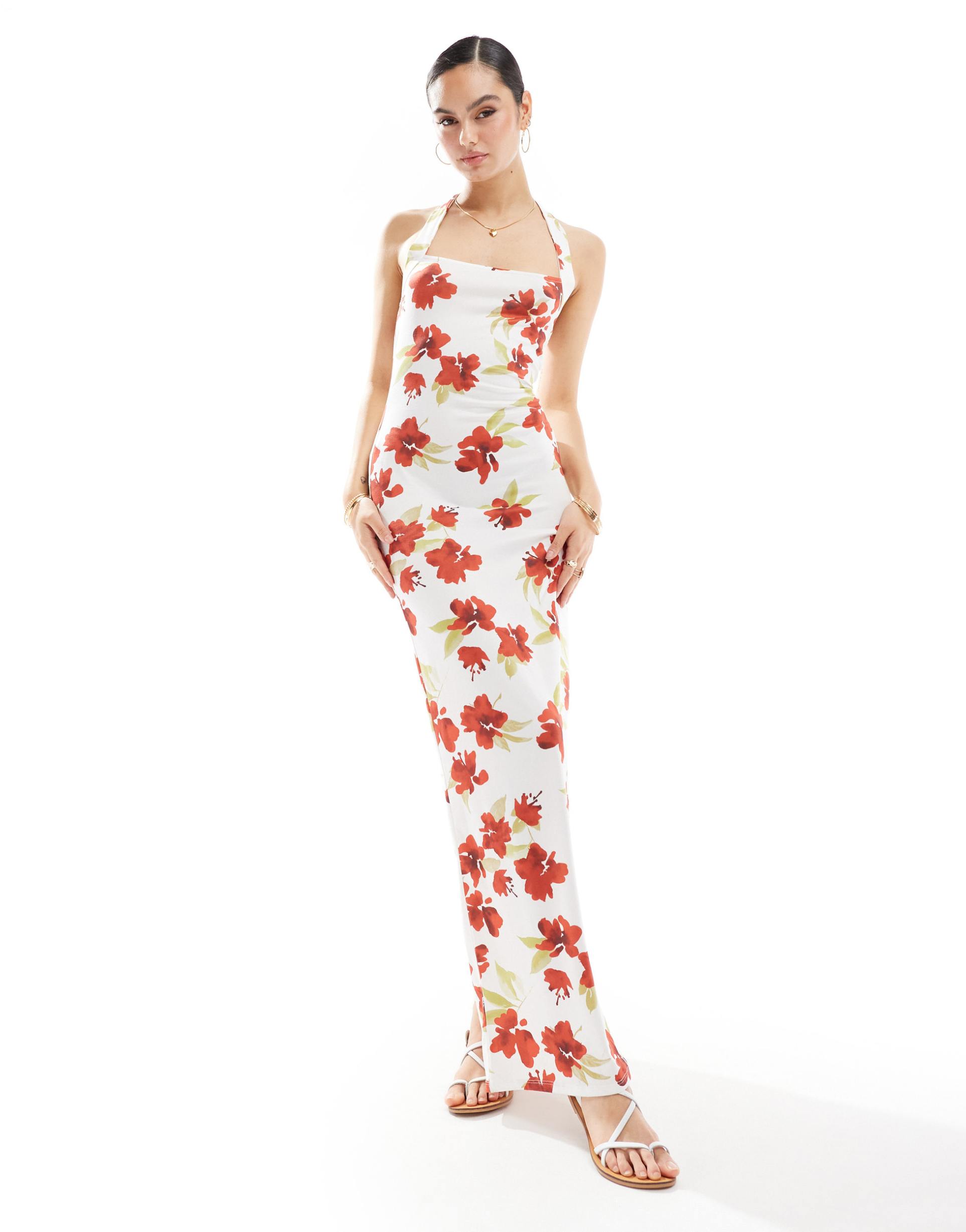 asos design bodycon midi dress with halter strap in red floral print