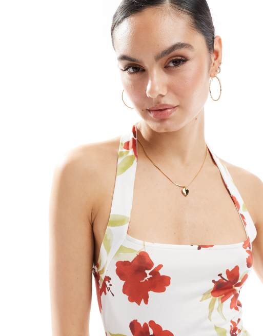 red floral halter neck dress Nathalie Halter Neck Floral Mini Dress / Merlot | MESHKI main image 1