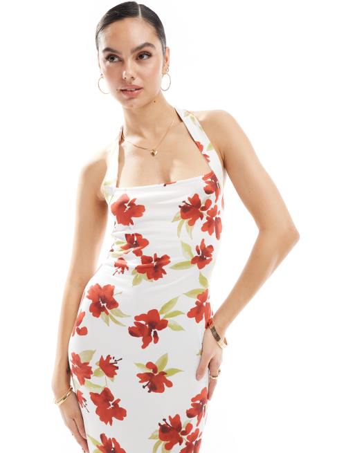ASOS DESIGN bodycon midi dress with halter strap in red floral print ASOS