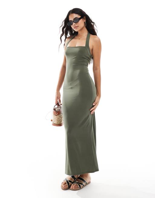 ASOS DESIGN - Bodycon midi-jurk met halternek in kaki