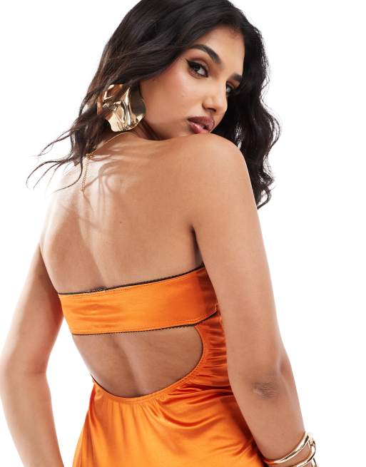 ASOS DESIGN Bodycon Midikleid aus Stretch Satin in leuchtendem Orange mit Picot Saum ASOS