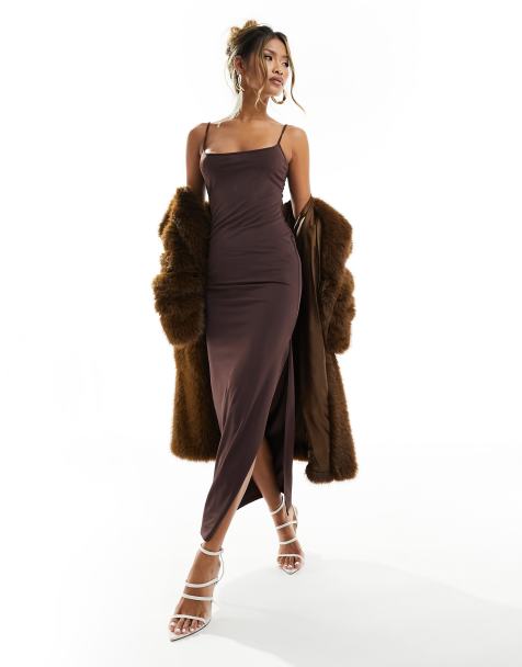ASOS DESIGN – Bodycon-Midikleid in Dunkelbraun mit Ausschnitt im Stil der 90er und Camisole-Trägern - view 1