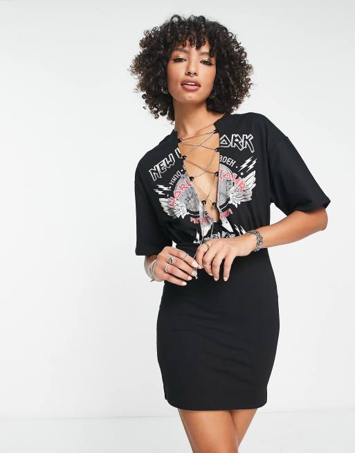 ASOS DESIGN bodycon mini tshirt dress with diamante lace up and rock