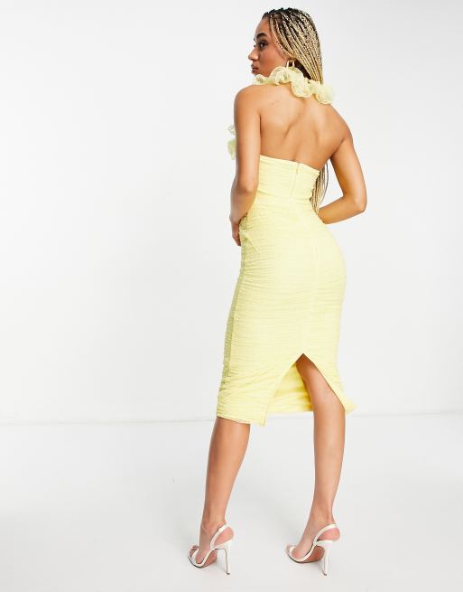 ASOS DESIGN Bodycon ruffle mesh ruched midi dress in lemon yellow