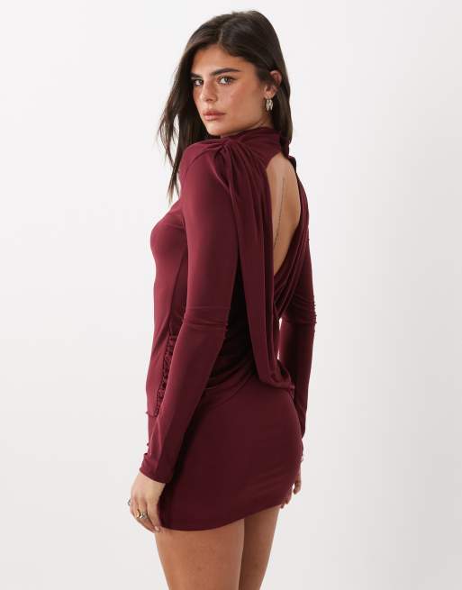 burgundy mini bodycon dress ASOS DESIGN shoulder slinky with draped back detail in short black dresses for making it ideal for menu: best/velvet Color:Navy/Teal