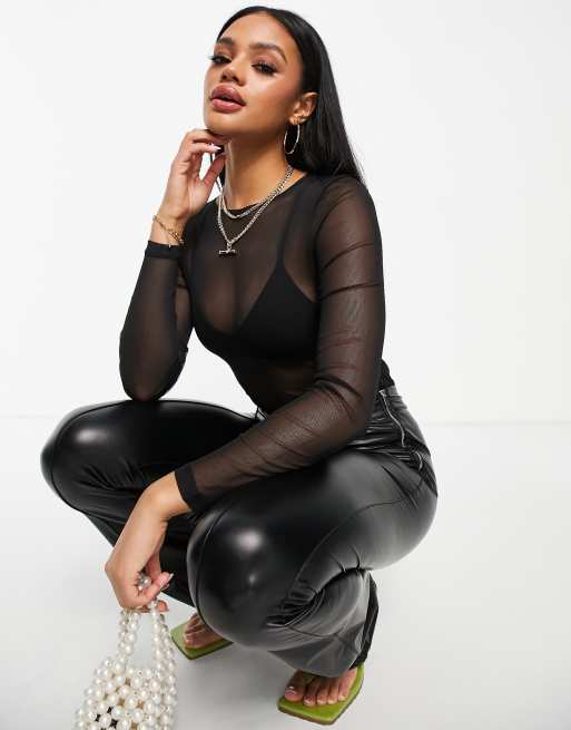 ASOS DESIGN - Bodystocking med lange ærmer i sort mesh - BLACK