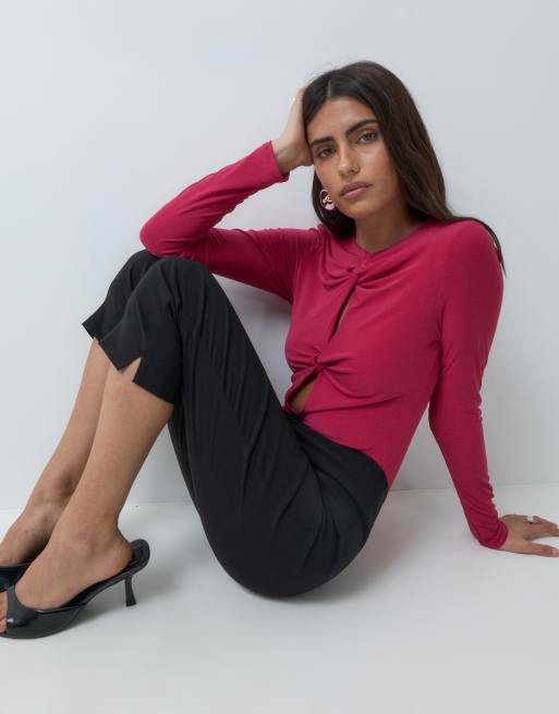 ASOS DESIGN bodystocking med twist foran og lange ærmer i pink, 3 af 5
