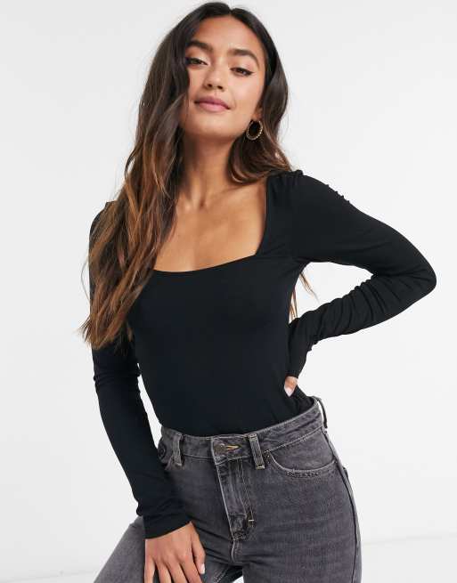 ASOS DESIGN - Bodysuit a maniche lunghe con scollo squadrato davanti e dietro nero