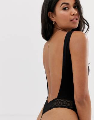 ASOS DESIGN rib and lace thong back bodysuit-Black Black