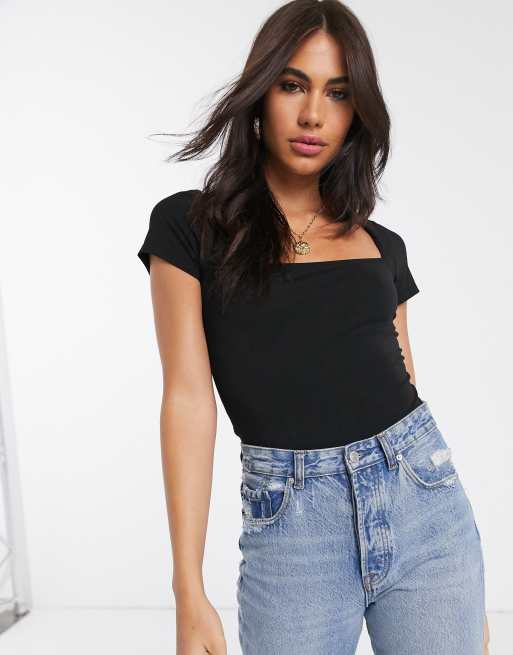 ASOS DESIGN - Bodysuit nero con scollo quadrato e maniche ad aletta