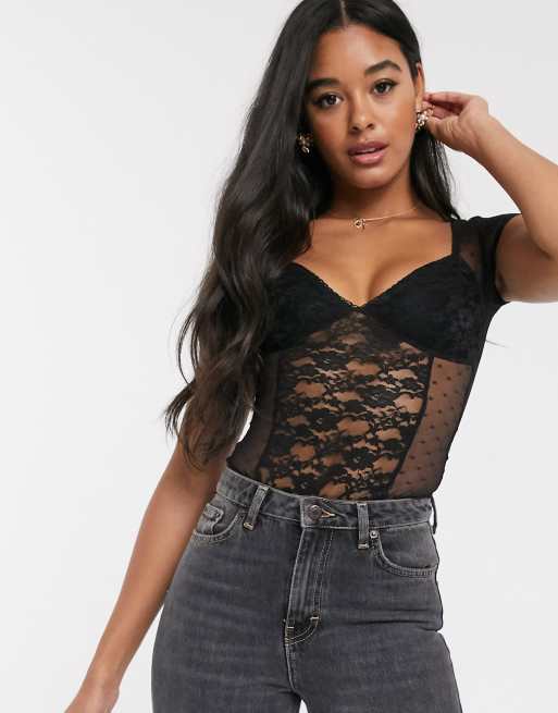 ASOS DESIGN - Bodysuit van dobby mesh en kant met siernaad in zwart