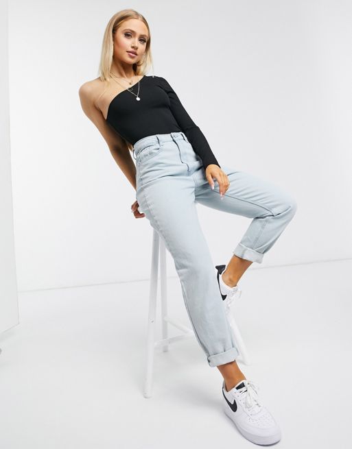 ASOS DESIGN bodysuit with one shoulder and long sleeve in rib in black