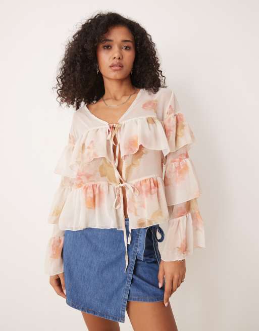 ASOS DESIGN - Boho blouse van chiffon met ruches en bloemenprint, 3 van 4