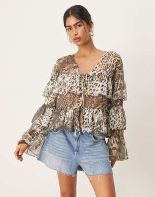 ASOS DESIGn - Boho-Bluse aus Chiffon mit Tierfellmuster-Bunt