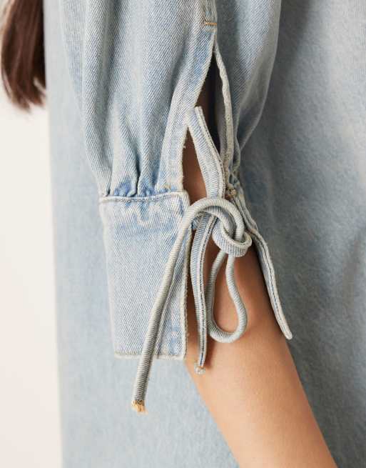 ASOS DESIGN boho denim mini dress with tie up cuffs, 3 of 4