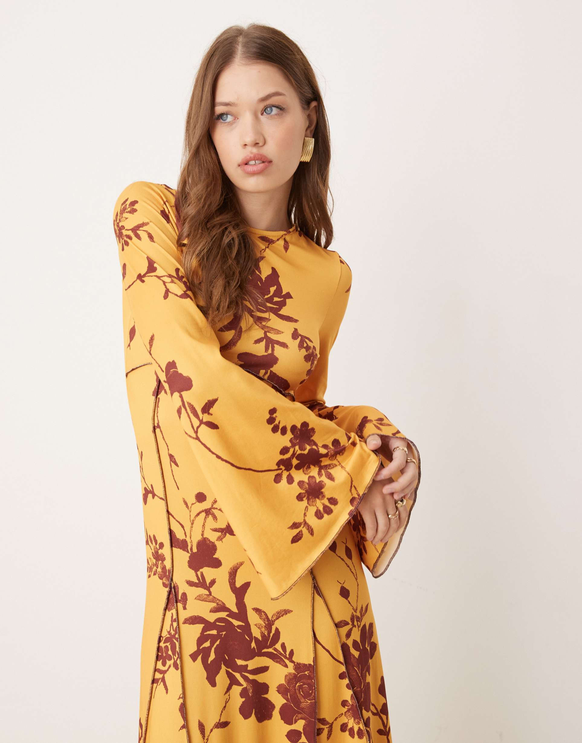 asos design boho floral print peach long sleeve midaxi dress