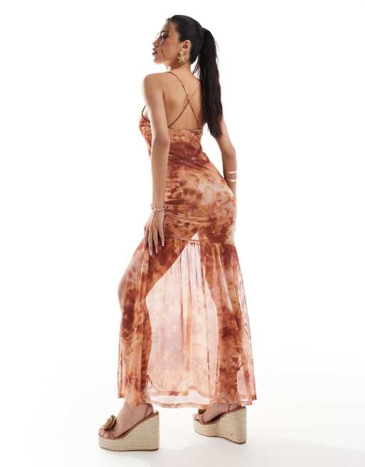 ASOS DESIGN - Boho maxi jurk met bandjes, aangerimpelde zoom en zijsplit in marmerprint