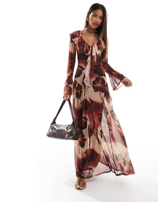 ASOS DESIGN - Boho-maxikjole i mesh med flæser og oversized mørkerødt blomstermønster