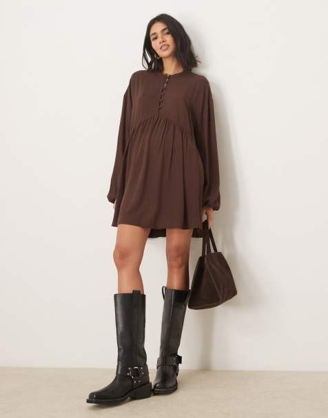 ASOS DESIGN - Boho mini jurk met textuur en verlaagde taille in chocoladebruin - view 1