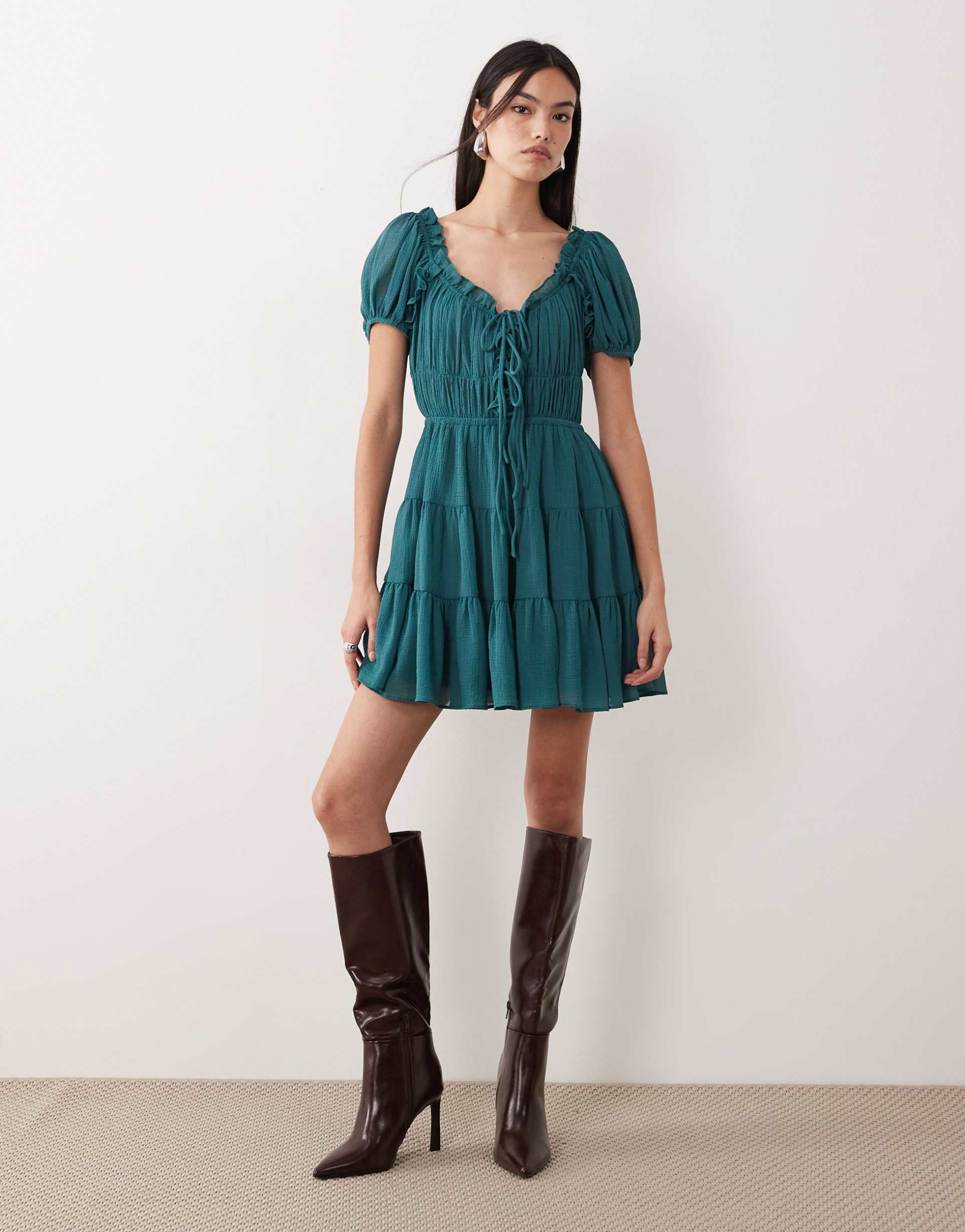 asos design boho ruffle puff sleeve mini dress in green
