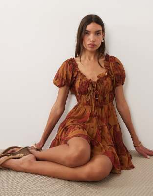 Asos Design Boho Ruffle Puff Sleeve Mini Dress In Multi
