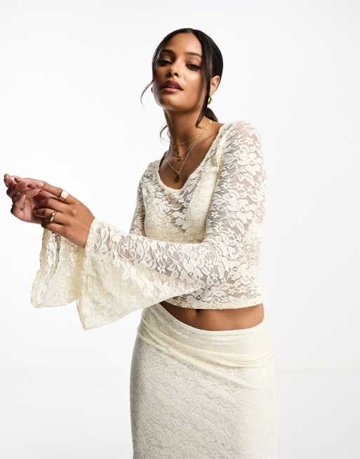 ASOS DESIGN boho sheer lace crop top coord with angel sleeves in cream