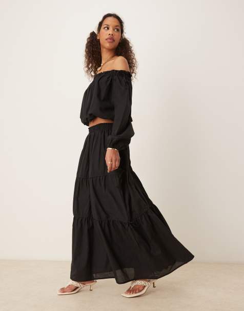 ASOS DESIGN boho tie side tiered maxi skirt in black - view 1