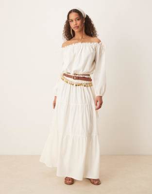 ASOS DESIGN boho tie side tiered maxi skirt in ecru-White