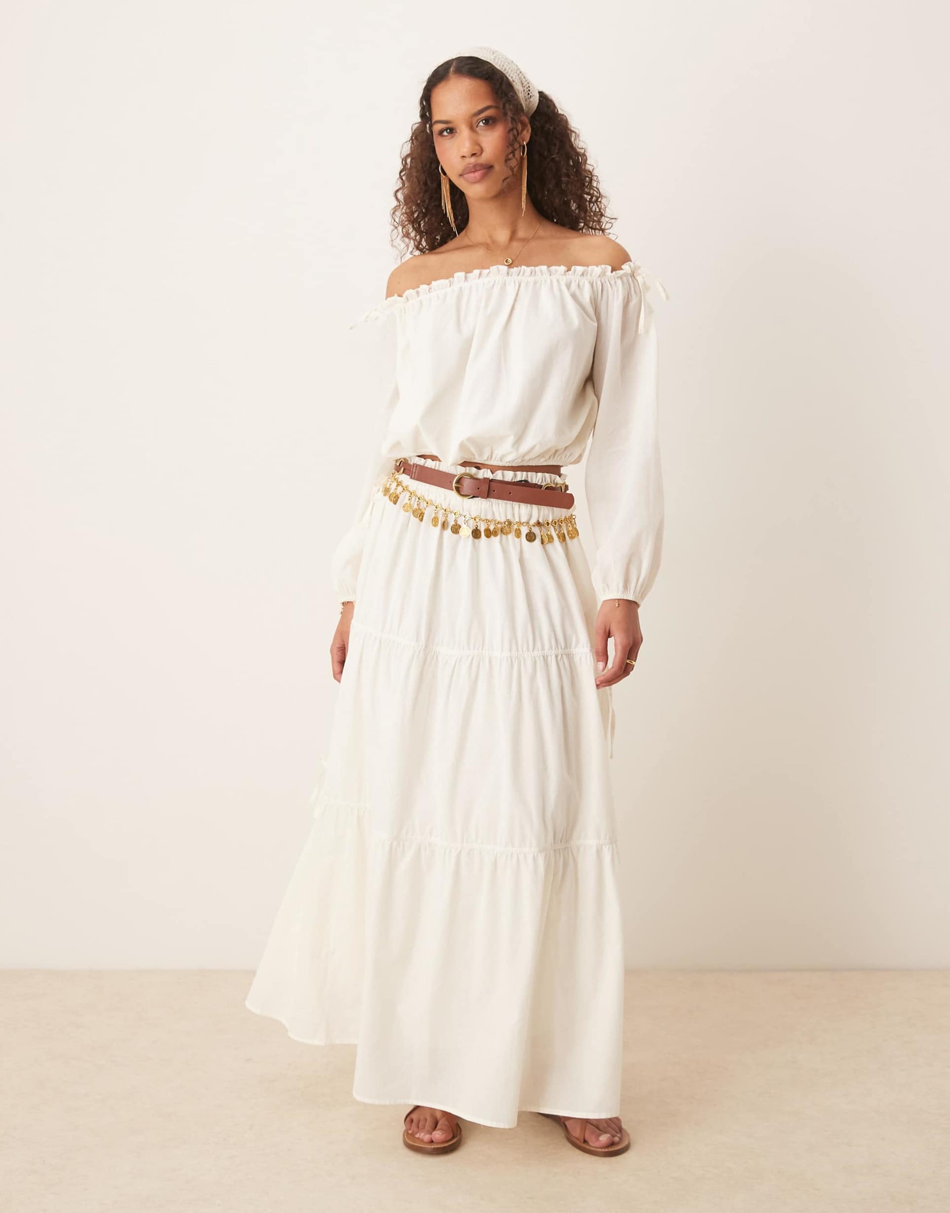 asos design boho tie side tiered maxi skirt in ecru
