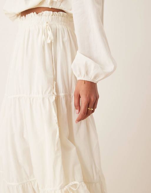 ASOS DESIGN boho tie side tiered maxi skirt in ecru