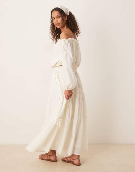 ASOS DESIGN boho tie side tiered maxi skirt in ecru
