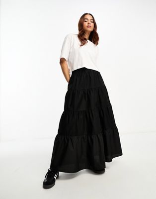 ASOS DESIGN boho tiered maxi skirt in black