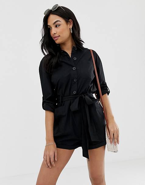 ASOS DESIGN boiler playsuit with button front and tie waist