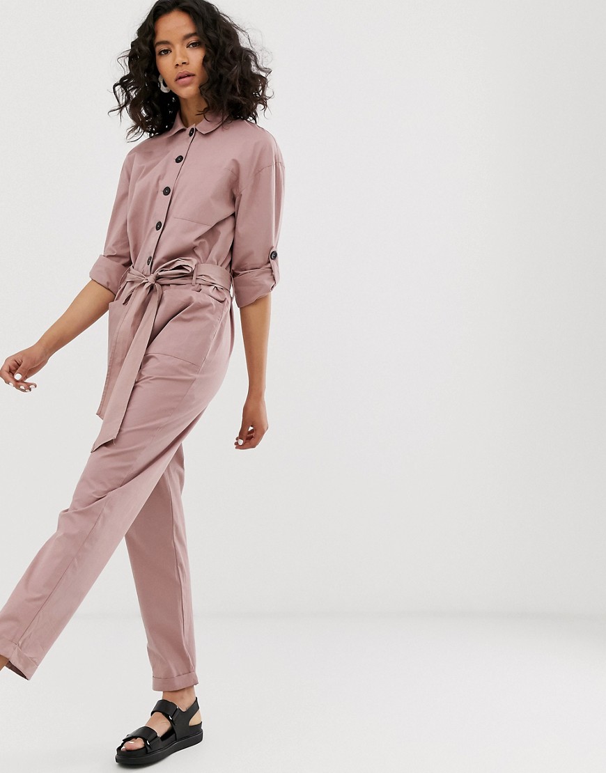 ASOS DESIGN boilersuit with button front and waist detail-Purple