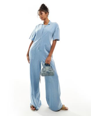 Asos Design Boilersuit With Wide Leg & Pockets In Blue