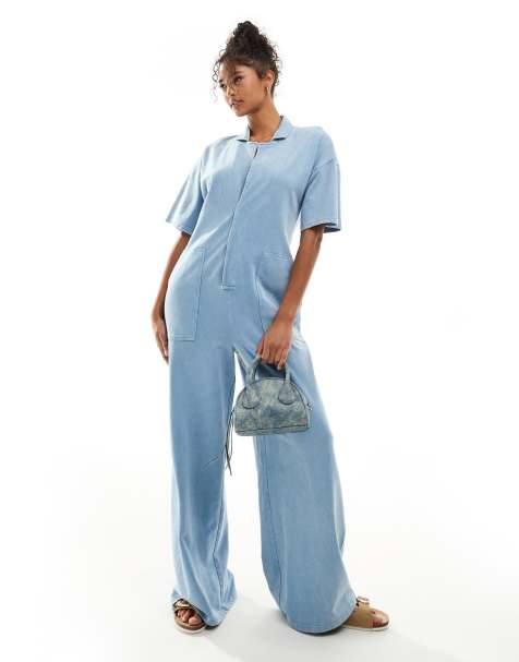ASOS DESIGN boilersuit with wide leg & pockets in denim wash - view 1