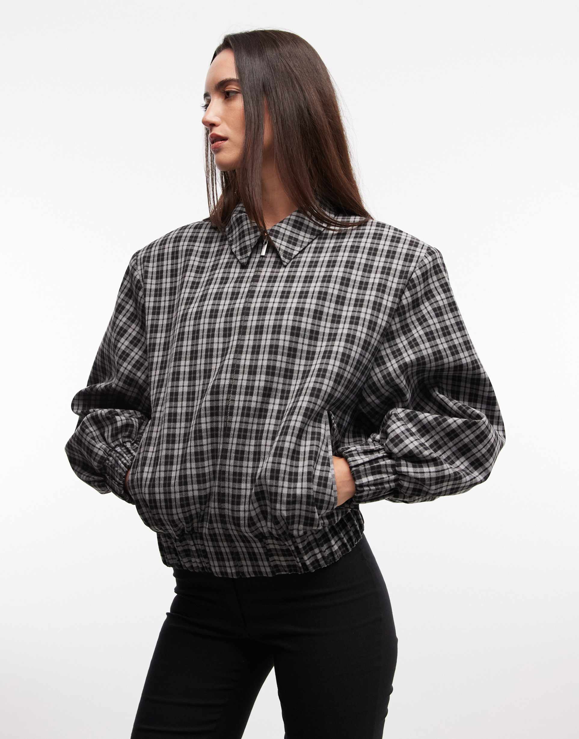 asos design bold shoulder zip-up bomber jacket in mono check